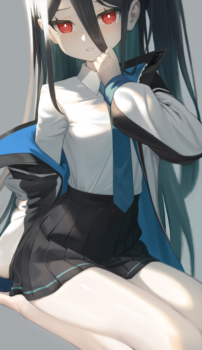 <key>_(blue_archive), 1girl, absurdres, bare_legs, barefoot, black_hair, black_skirt, blue_archive