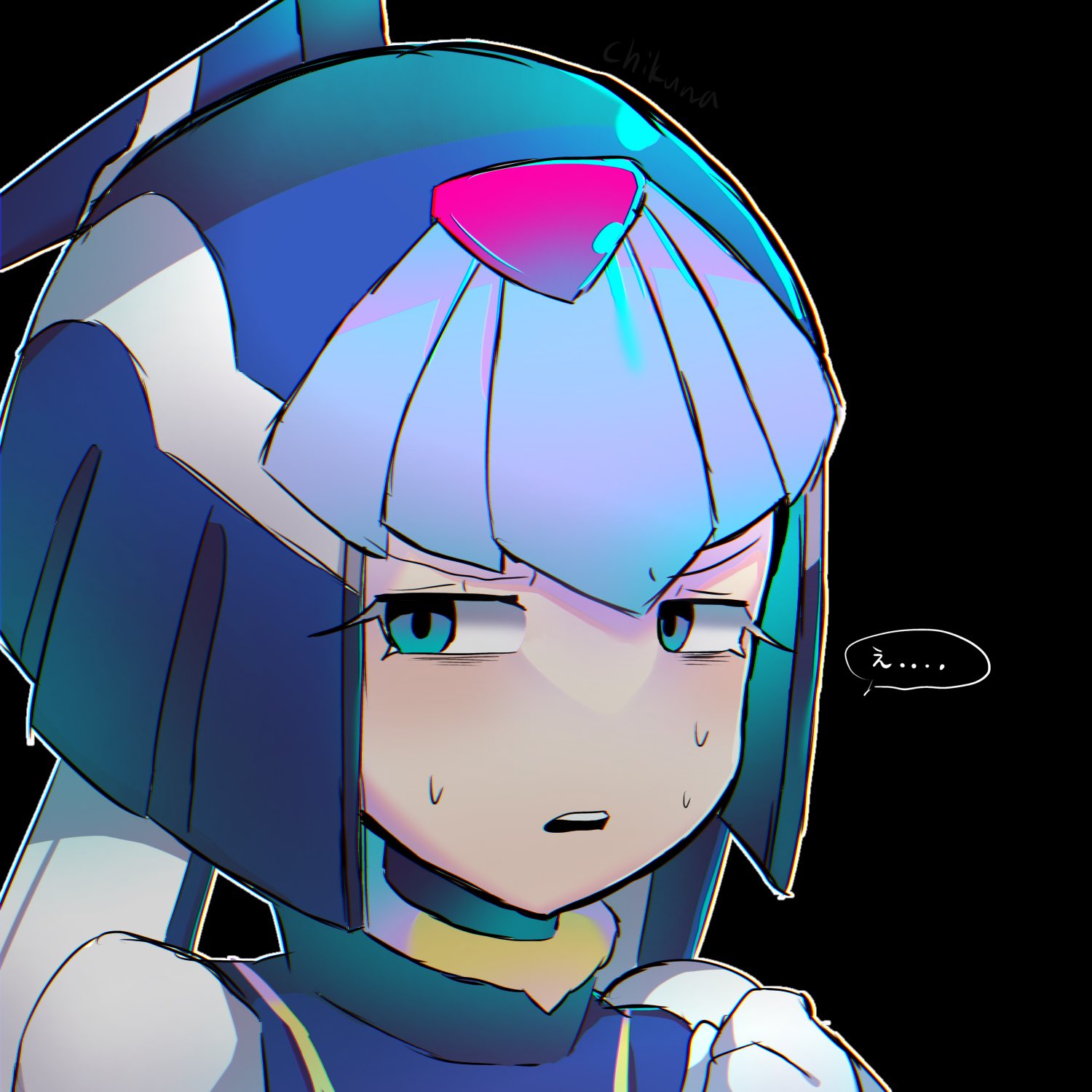 1girl, android, black_background, blue_eyes, blue_helmet, chikuwa_is_good, close-up, fairy_leviathan_(mega_man), forehead_jewel, helmet, highres, mega_man_(series), mega_man_zero_(series), no_nose, simple_background, solo, speech_bubble, translation_request
