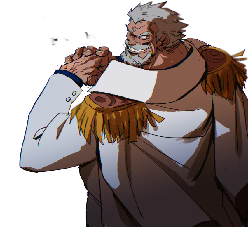 1boy, coat, coat_on_shoulders, eslam_aboshady, facial_hair, from_behind, grey_hair, grin