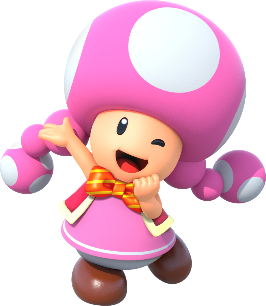 1girl, 3d, absurdres, arm_up, black_eyes, blank_eyes, bow, bowtie, brown_footwear, dress, flat_chest, full_body, gold_trim, hand_up, happy, highres, leg_up, looking_at_viewer, mario_party, official_art, one_eye_closed, open_mouth, pants, pink_dress, red_bow, red_bowtie, red_vest, shoes, short_dress, simple_background, sleeveless, sleeveless_dress, smile, solo, standing, standing_on_one_leg, striped_bow, striped_bowtie, striped_clothes, super_mario_bros., super_mario_party, third-party_source, toadette, transparent_background, vest, white_pants