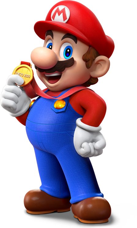 1boy, 2020_summer_olympics, 3d, big_nose, blue_eyes, blue_overalls, brown_footwear, brown_hair, buttons, cabbie_hat, clenched_hand, clothes_writing, facial_hair, full_body, gloves, gold_medal, hand_on_own_hip, hand_up, happy, hat, holding, holding_medal, jewelry, long_sleeves, looking_at_viewer, male_focus, mario, mario_&amp;_sonic_(series), mario_&amp;_sonic_at_the_tokyo_2020_olympic_games, medal, mustache, necklace, official_art, olympics, open_mouth, overalls, red_hat, red_shirt, shirt, shoes, short_hair, simple_background, smile, solo, standing, super_mario_bros., teeth, third-party_source, tongue, transparent_background, white_gloves