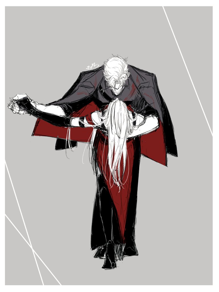 1boy, 1girl, arm_around_back, black_jacket, black_shirt, collared_shirt, dancing, dress, full_body, greyscale, hetero, high_heels, holding_hands, jacket, jacket_on_shoulders, long_hair, looking_at_another, love_and_deepspace, mizuchi_kai, monochrome, protagonist_(love_and_deepspace), red_dress, shirt, sylus_(love_and_deepspace)