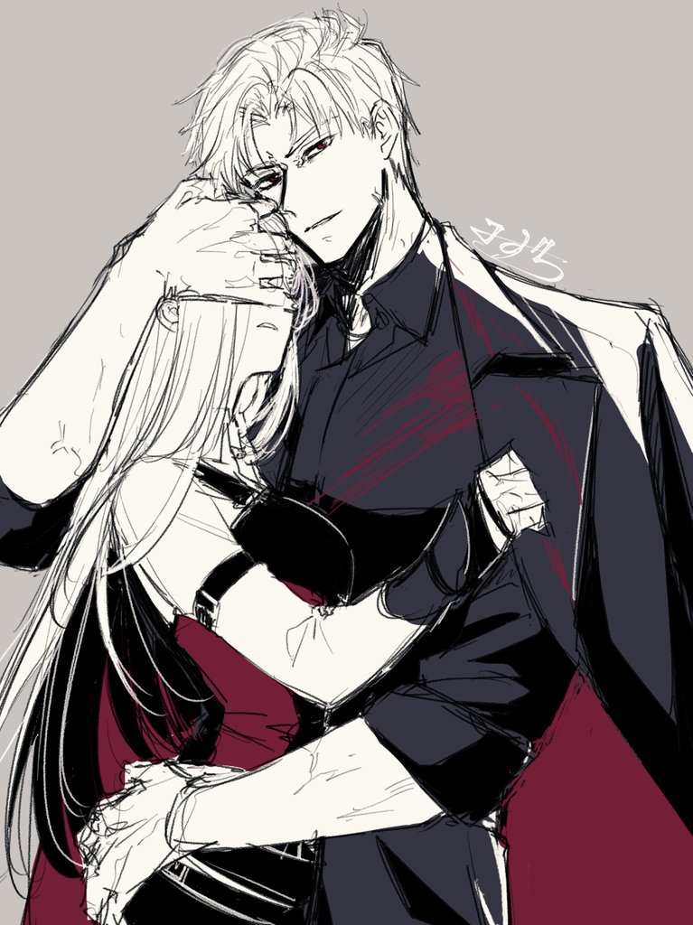 1boy, 1girl, black_jacket, black_shirt, collared_shirt, grey_background, hand_over_another's_eyes, hetero