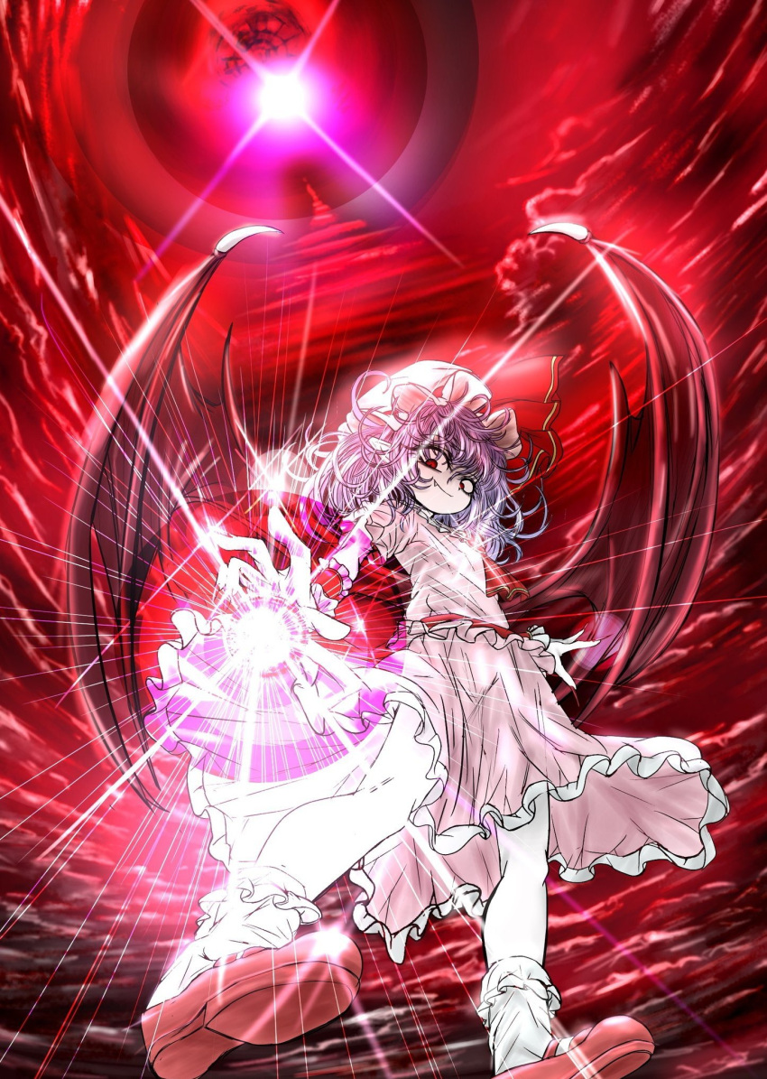 1girl, bat_wings, closed_mouth, full_body, highres, inu_no_nou_saibou, looking_at_viewer, purple_hair, red_background, red_footwear, remilia_scarlet, short_hair, short_sleeves, slippers, socks, solo, touhou, white_socks, wings