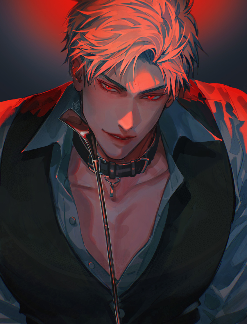 1boy, black_vest, bustersiri, buttons, collar, collarbone, highres, lips, looking_at_viewer, love_and_deepspace, male_focus, parted_lips, red_eyes, riding_crop, shirt, short_hair, solo, sylus_(love_and_deepspace), teeth, upper_body, vest, white_shirt