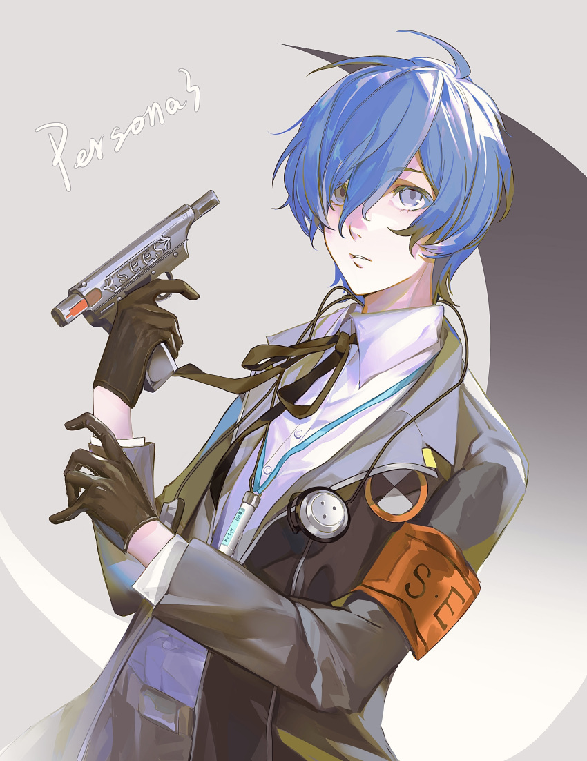 1boy, absurdres, armband, belt, black_gloves, black_jacket, black_ribbon, blue_eyes, blue_hair, collared_shirt, copyright_name, daokweok, digital_media_player, earphones_removed, evoker, gekkoukan_high_school_uniform, gloves, gun, hair_between_eyes, highres, holding, holding_gun, holding_weapon, jacket, long_sleeves, looking_at_viewer, male_focus, neck_ribbon, parted_lips, persona, persona_3, red_armband, ribbon, s.e.e.s, school_uniform, shirt, short_hair, solo, upper_body, weapon, white_shirt, yuuki_makoto_(persona_3)