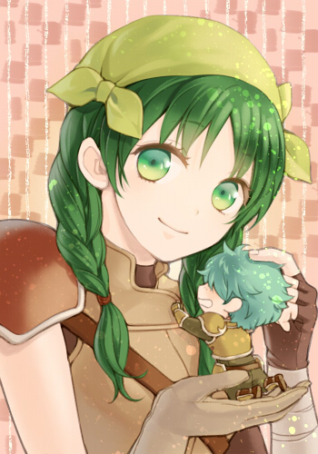1boy, 1girl, armor, asymmetrical_gloves, bandana, braid, fingerless_gloves, fire_emblem, fire_emblem:_the_blazing_blade, gloves, green_bandana, green_eyes, green_hair, hair_over_eyes, kiyuu, lowen_(fire_emblem), lowres, rebecca_(fire_emblem), short_hair, twin_braids, twintails, yellow_armor