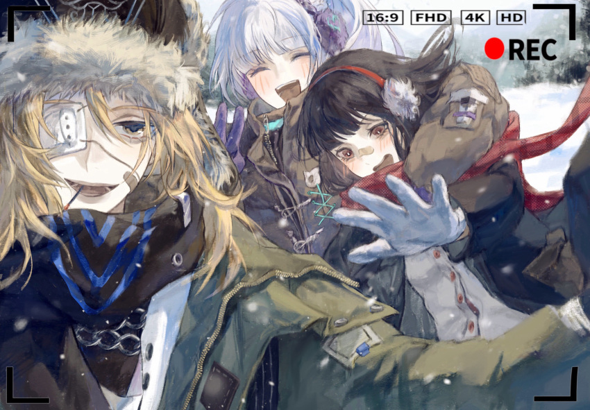 1boy, 2girls, :d, alternate_costume, arm_around_shoulder, bai_yi_(path_to_nowhere), bandaid, bandaid_on_cheek, bandaid_on_face, bandaid_on_nose, bandana, black_bandana, black_coat, black_hair, black_hat, blonde_hair, blunt_bangs, blush, brown_coat, brown_eyes, che_(path_to_nowhere), checkered_clothes, checkered_scarf, coat, earmuffs, eyepatch, fur_hat, gloves, green_coat, hat, highres, k.k._(path_to_nowhere), long_hair, medical_eyepatch, multiple_girls, one_eye_covered, open_clothes, open_coat, open_mouth, outdoors, panicking, path_to_nowhere, purple_gloves, recording, red_eyes, red_scarf, scarf, shirt, smile, toothpick, user_interface, v, white_gloves, white_hair, white_shirt, winter, winter_clothes, xiyiji_li_you_zhi