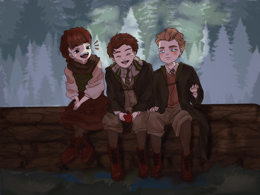 1girl, 2boys, anne_sallow, blonde_hair, brown_hair, closed_eyes, closed_mouth, forest