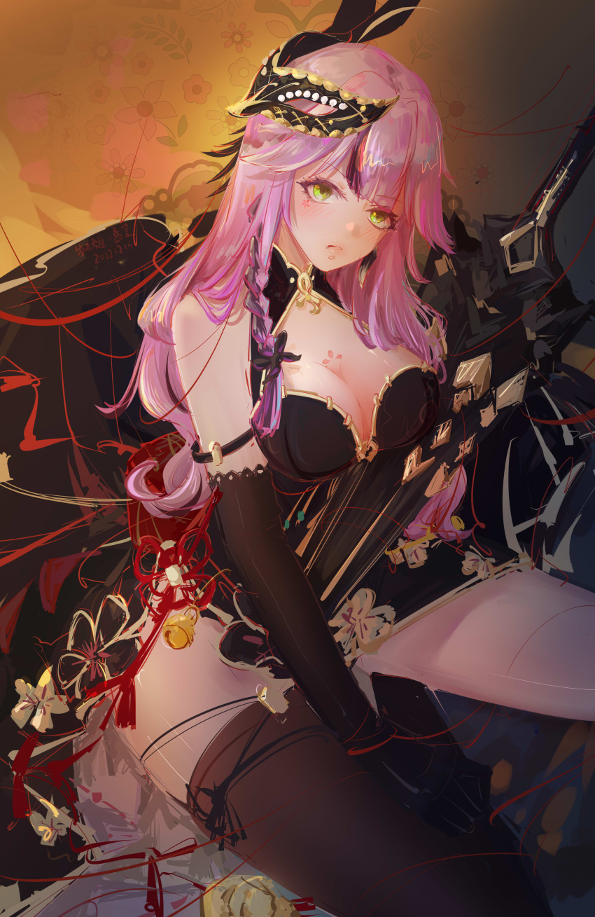 1girl, absurdres, bare_shoulders, black_dress, black_gloves, breasts, dress, gloves