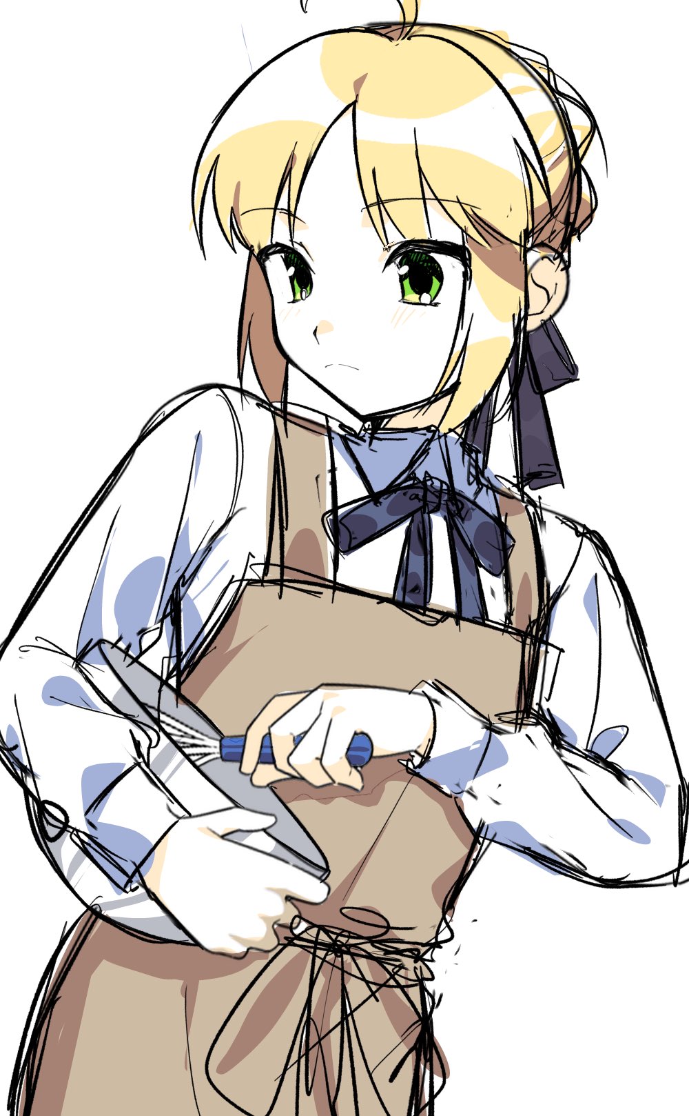 1girl, ahoge, apron, artoria_pendragon_(fate), blonde_hair, blue_ribbon, braid, braided_bun