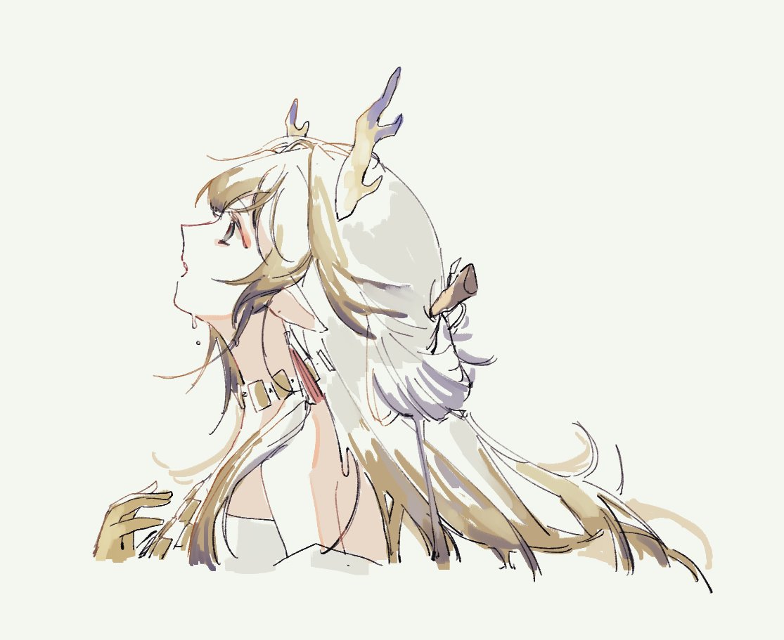 1girl, arknights, blonde_hair, blue_hair, colored_skin, commentary, cropped_torso, earrings, from_side, grey_hair, jewelry, long_hair, looking_up, multicolored_hair, necklace, open_mouth, pointy_ears, shirt, shu_(arknights), simple_background, solo, sy08_16, tassel, tassel_earrings, tears, white_shirt, yellow_background, yellow_skin