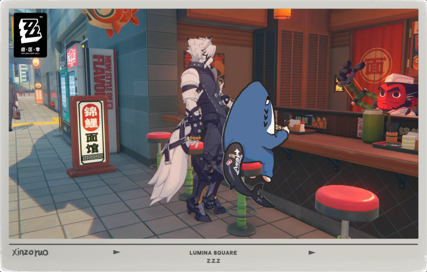 1girl, 2boys, animal_costume, animal_ears, animal_hood, artist_name, barefoot, border, chibi, chibi_inset, day, ellen_joe, fins, fish_tail, furry, furry_male, game_screenshot_background, general_chop_(zenless_zone_zero), highres, hood, hood_up, multiple_boys, on_stool, outdoors, pants, photo_(object), prosthesis, prosthetic_leg, screenshot_background, shark_costume, shark_hood, shark_tail, shirt, sitting, standing, stool, tail, tail_through_clothes, vest, von_lycaon, wolf_boy, wolf_ears, wolf_tail, xinzoruo, zenless_zone_zero