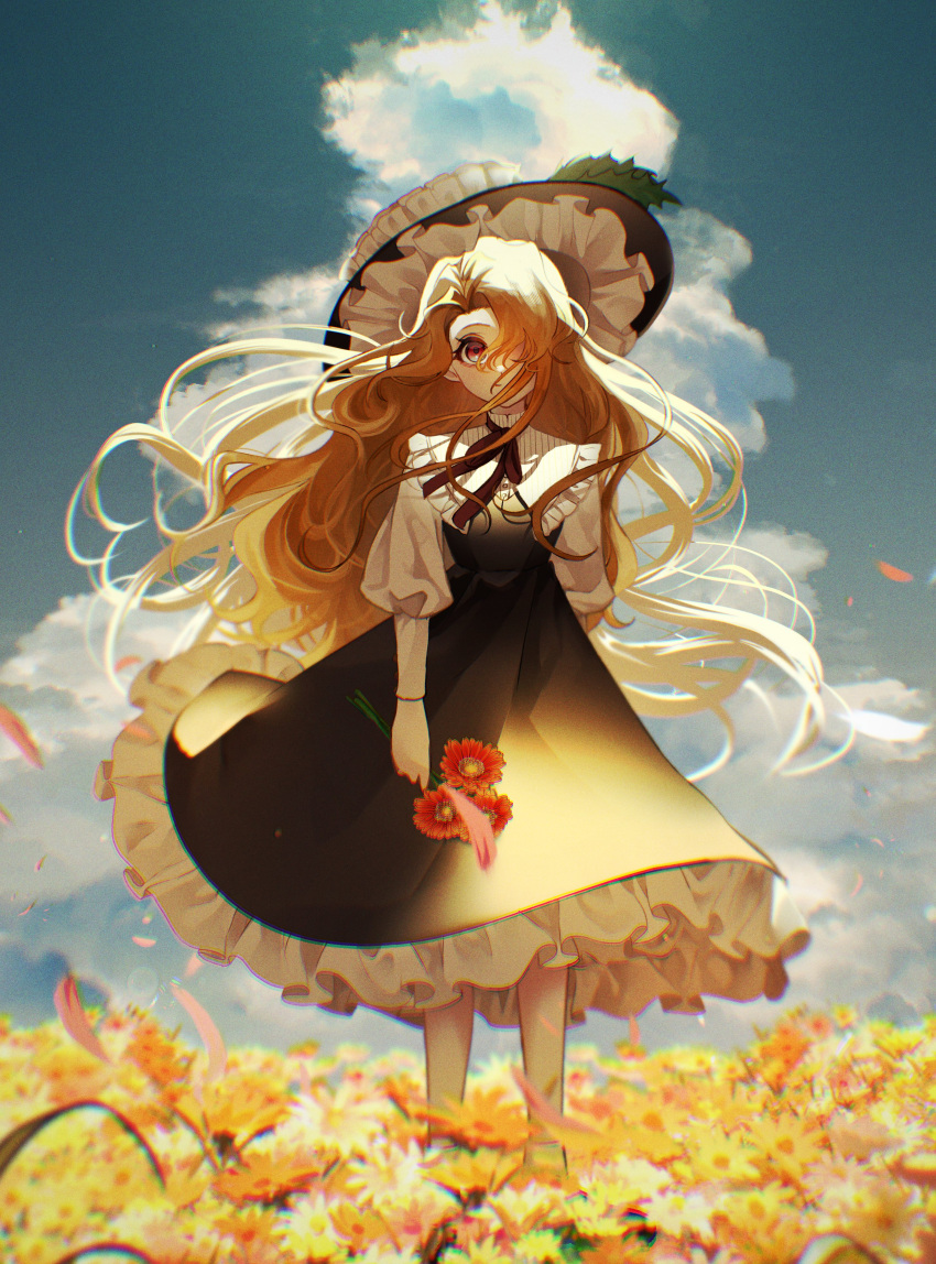 1girl, absurdres, black_dress, black_hair, blonde_hair, clouds, day, dolls_in_pseudo_paradise, dress, field, floating_hair, flower, flower_field, frilled_dress, frilled_hat, frills, full_body, hair_over_one_eye, hat, highres, holding, holding_flower, jacket_girl_(dipp), long_hair, looking_at_viewer, neck_ribbon, one_eye_covered, outdoors, red_eyes, red_flower, ribbon, solo, standing, touhou, very_long_hair, yellow_flower, yoshino_(q_sci)