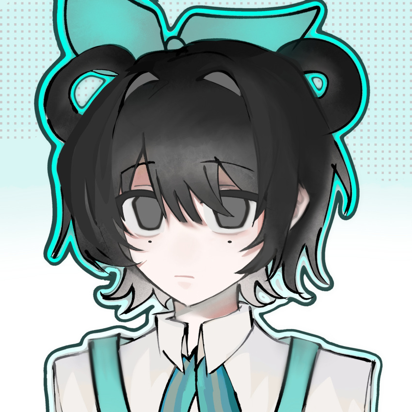 1girl, absurdres, aqua_bow, aqua_outline, black_eyes, black_hair, bow, chinese_commentary, closed_mouth, collared_shirt, commentary_request, hair_between_eyes, hair_bow, hair_intakes, hair_rings, highres, li_yuting_(female), male_focus, mole, mole_under_each_eye, mole_under_eye, multiple_moles, no_nose, portrait, seven_(seven57463), shirt, short_hair, solo, suspenders, touqi_guaitan, white_shirt