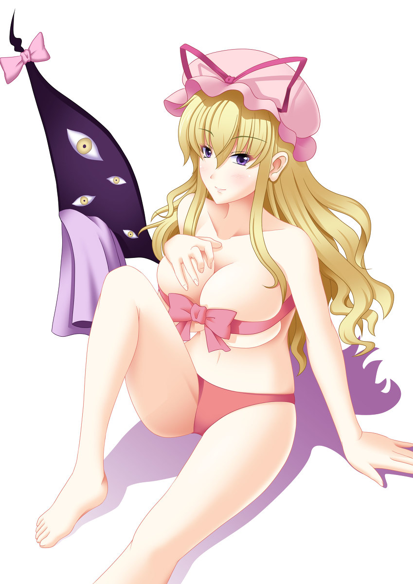 blonde_hair, breasts, gap, hat, highres, long_hair, purple_eyes, ribbon, sunny_(artist), swimsuit, touhou, violet_eyes, yakumo_yukari