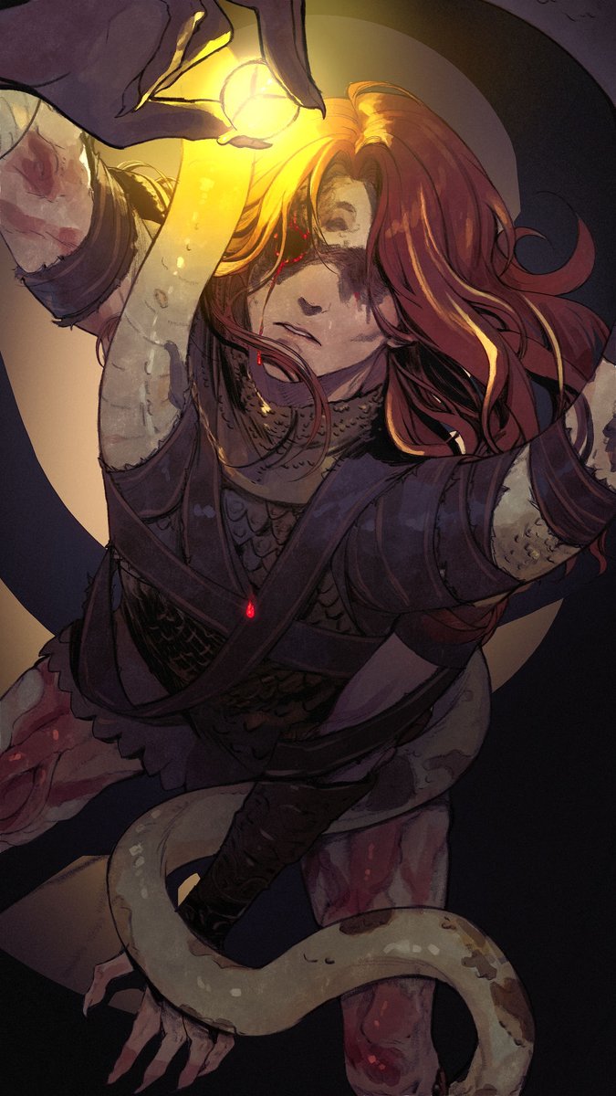 1boy, animal, arm_up, armor, bai_rui, base_serpent_messmer, blood, blood_on_face, breastplate, commentary, cowboy_shot, elden_ring, elden_ring:_shadow_of_the_erdtree, english_commentary, fingernails, highres, holding_eyeball, long_hair, male_focus, no_eyes, parted_lips, redhead, scale_armor, sharp_fingernails, snake, solo, standing