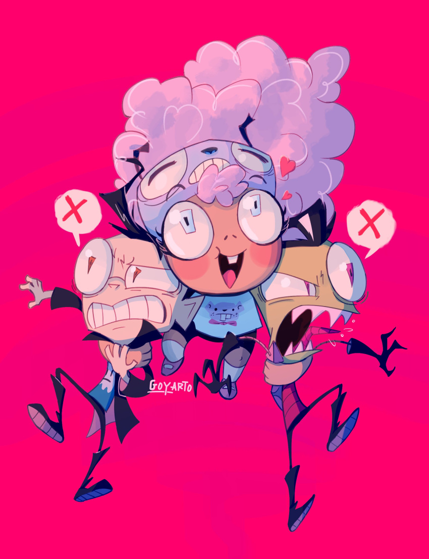 1girl, 2boys, absurdres, alien, black_hair, blue_eyes, chammy_wamboo, colored_skin