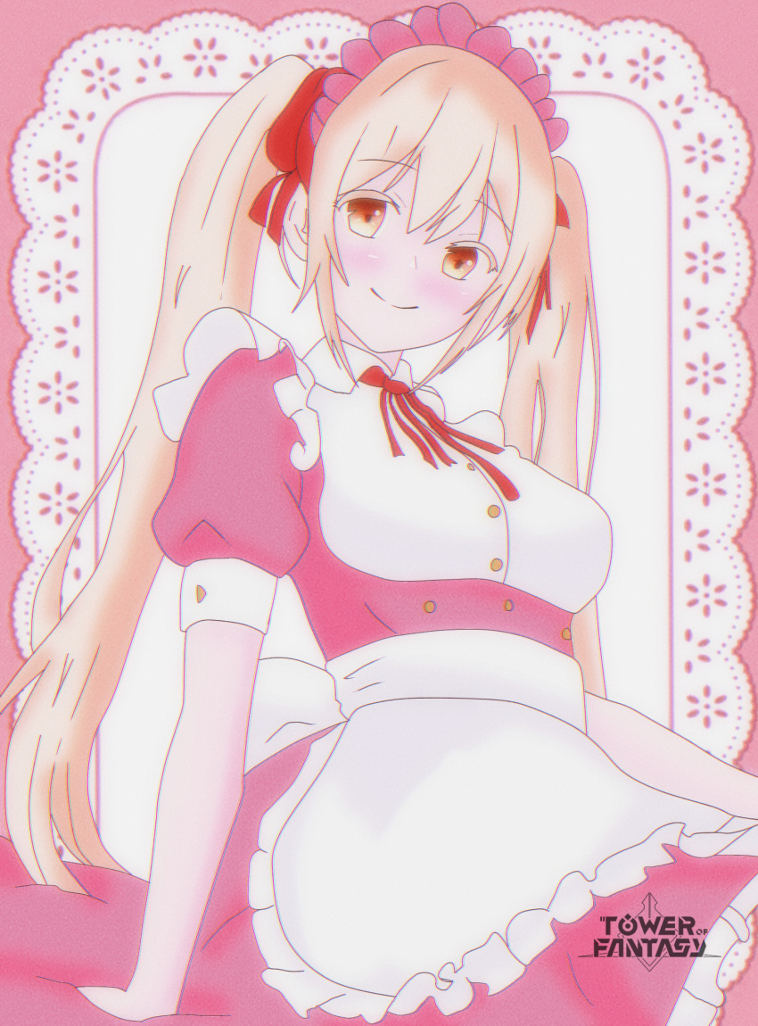 1girl, blonde_hair, highres, looking_at_viewer, maid, maid_headdress, pepper_(tower_of_fantasy), pink_background, smile, tower_of_fantasy, yellow_eyes
