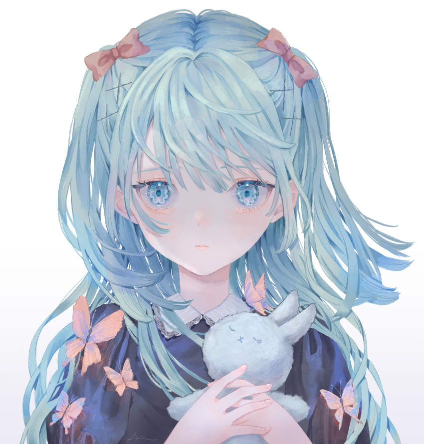 1girl, absurdres, black_shirt, blue_eyes, blue_hair, blunt_bangs, bow, bug