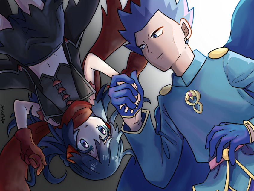 1boy, 1girl, adapted_costume, blue_eyes, blue_gloves, blue_hair, cosplay, costume_switch