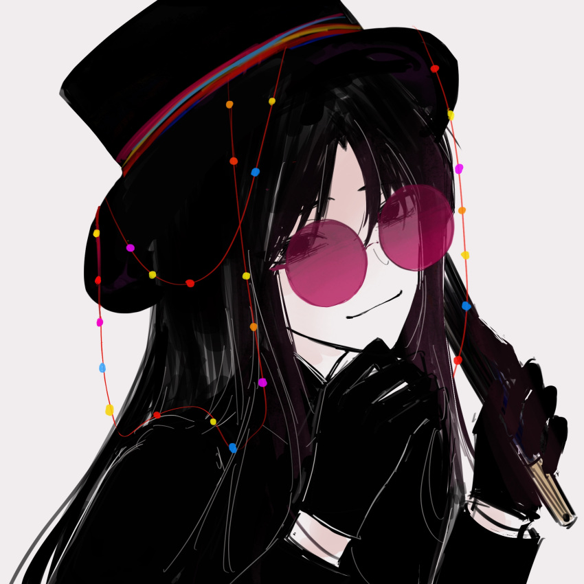 1boy, beads, black_eyes, black_gloves, black_hair, black_hat, black_shirt, chinese_commentary, closed_mouth, commentary_request, gloves, hat, highres, huai_yunqing, leiye880, long_hair, long_sleeves, male_focus, parted_bangs, pink-tinted_eyewear, portrait, round_eyewear, shirt, simple_background, smile, solo, tinted_eyewear, touqi_guaitan, white_background