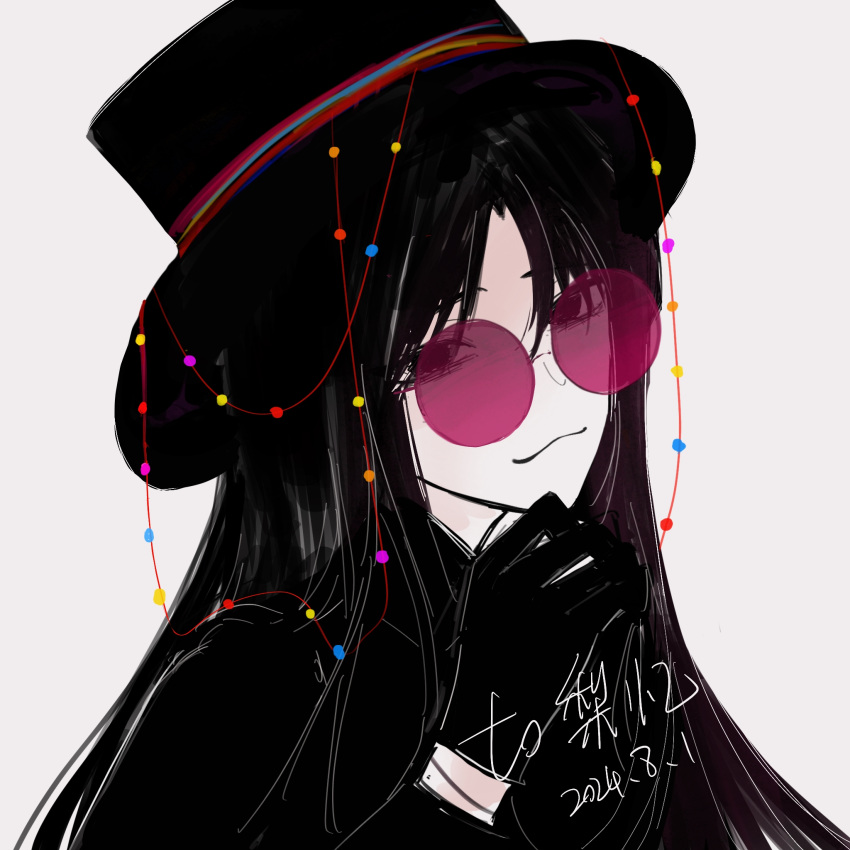 1boy, beads, black_eyes, black_gloves, black_hair, black_hat, black_shirt, chinese_commentary, closed_mouth, commentary_request, dated, gloves, hat, highres, huai_yunqing, leiye880, long_hair, long_sleeves, male_focus, parted_bangs, pink-tinted_eyewear, portrait, round_eyewear, shirt, simple_background, smile, solo, tinted_eyewear, touqi_guaitan, white_background