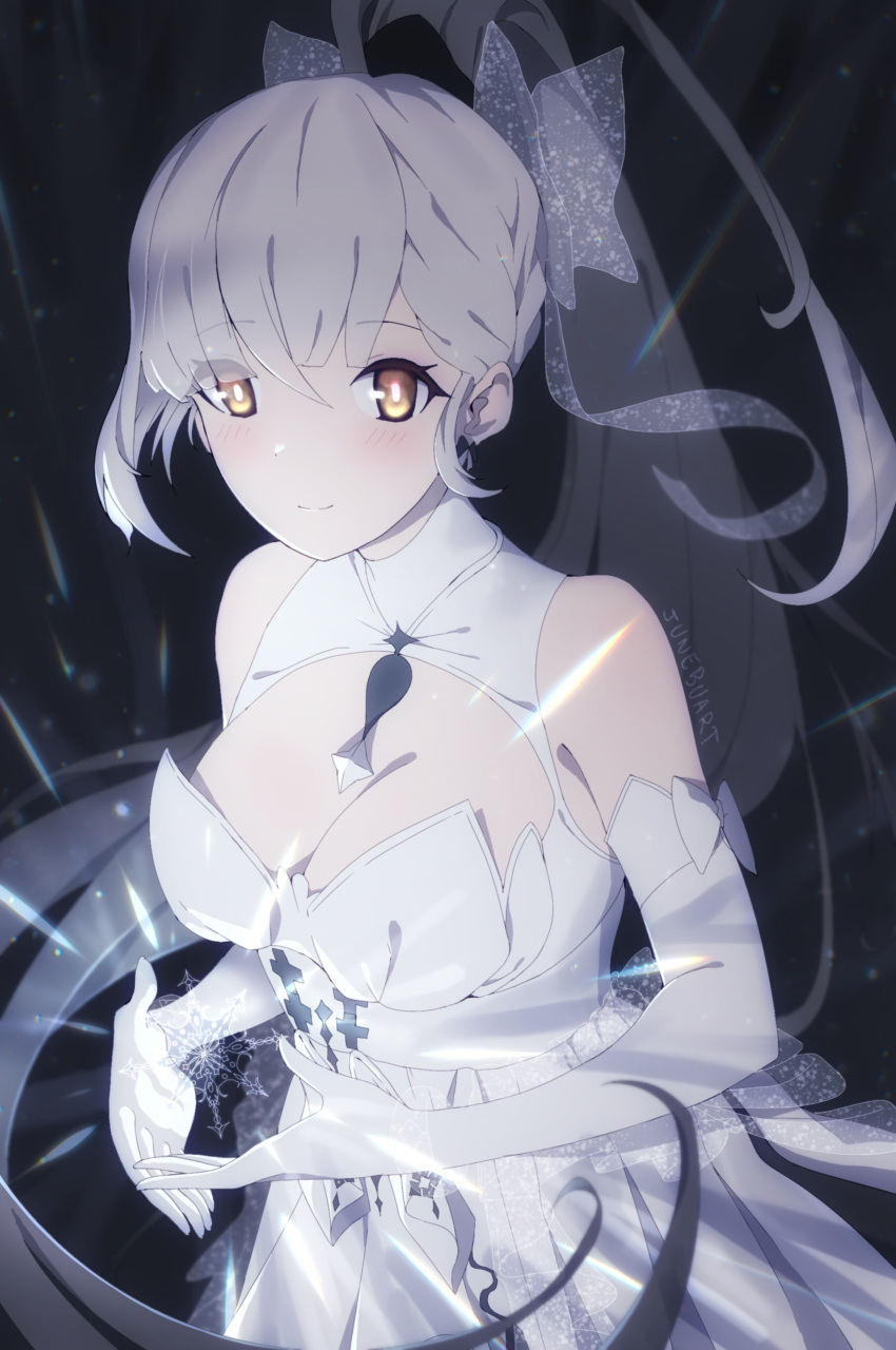 1girl, absurdres, bare_shoulders, black_background, dark_background, dress, gloves, grey_background