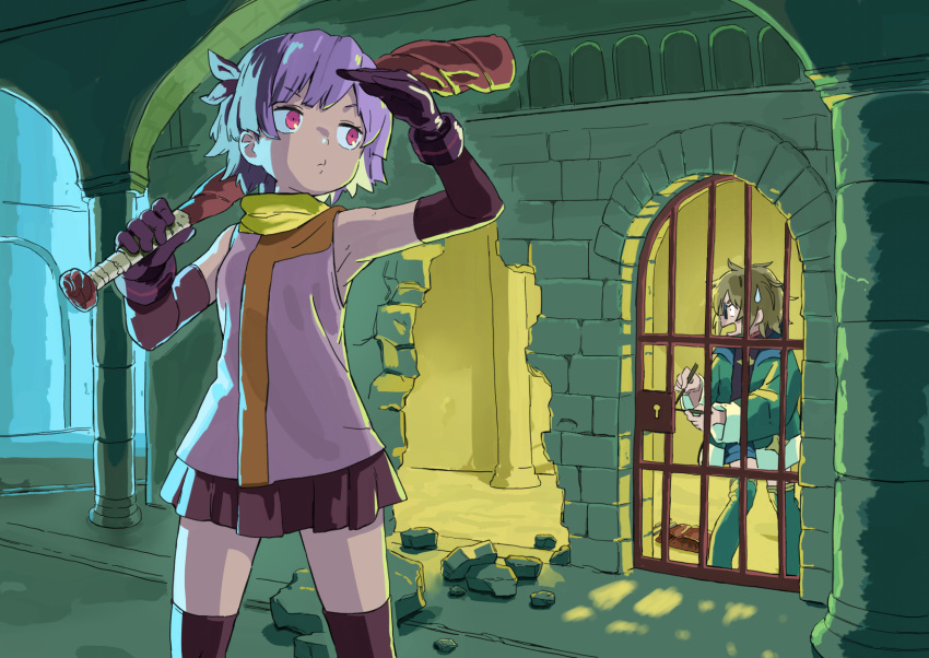 1boy, 1girl, breasts, elbow_gloves, glasses, gloves, highres, holding