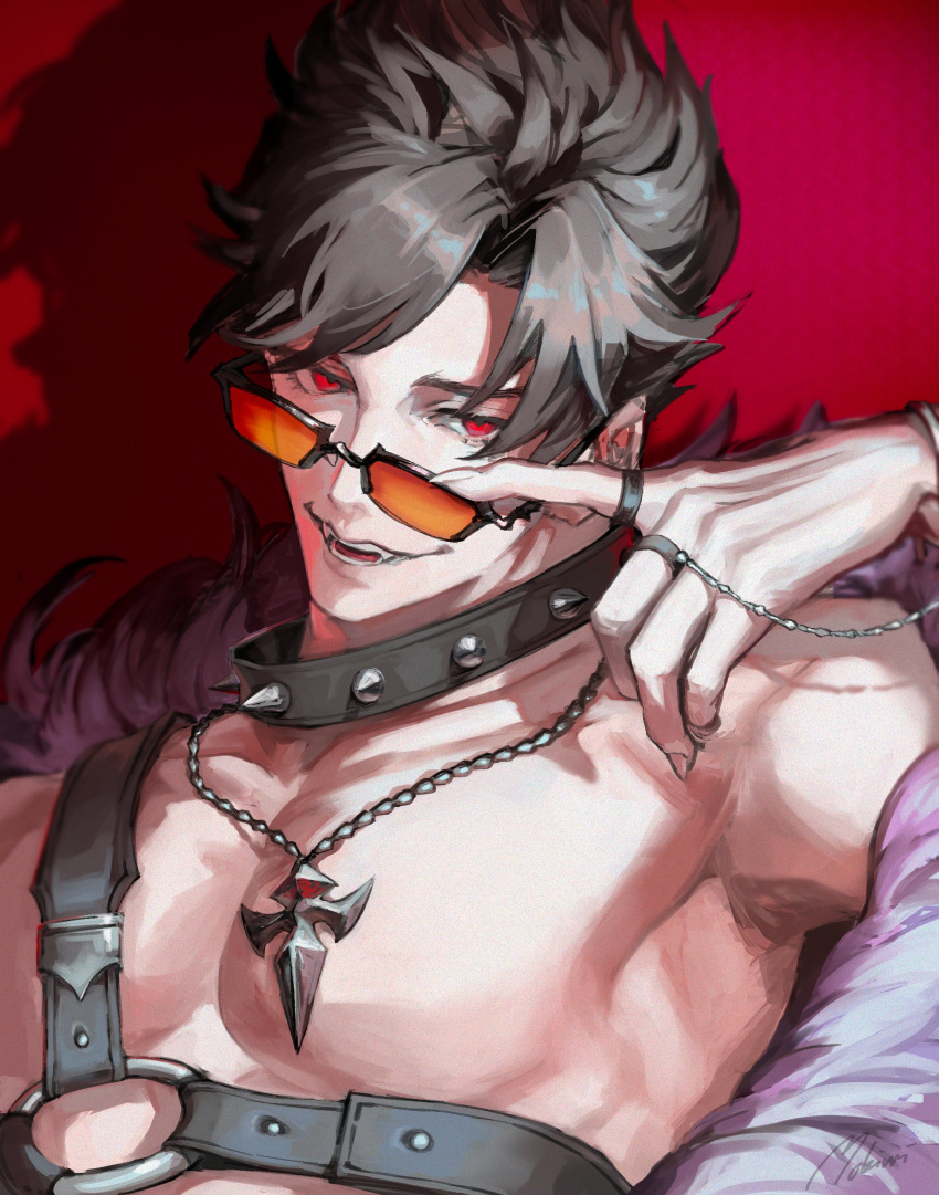 1boy, absurdres, adjusting_eyewear, alternate_costume, bare_shoulders, belial_(granblue_fantasy), belial_(summer)_(granblue_fantasy), black-framed_eyewear