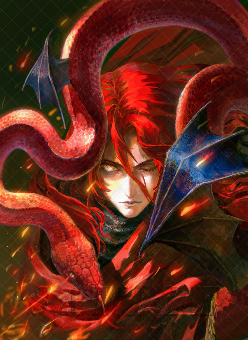 1boy, absurdres, animal, cape, elden_ring, elden_ring:_shadow_of_the_erdtree, embers, forked_tongue