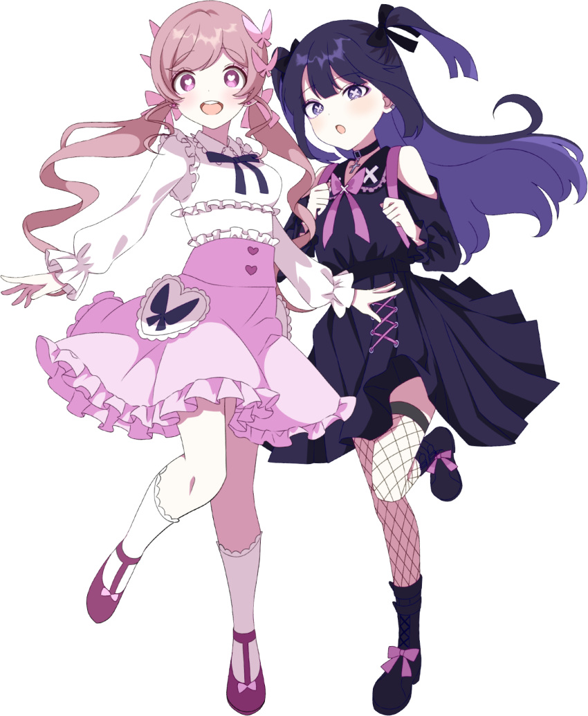 2girls, :d, :o, anda_(tuyu), anhiro_(tuyu), ankle_socks, bare_shoulders, black_bow, black_bowtie, black_choker, black_footwear, black_hair, black_ribbon, blush, boots, bow, bowtie, bright_pupils, bug, butterfly, butterfly_hair_ornament, choker, clothing_cutout, collared_shirt, cross, cross_choker, dot_nose, ear_piercing, earrings, eyelashes, eyeshadow, fishnet_thighhighs, fishnets, frilled_shirt, frilled_shirt_collar, frilled_skirt, frills, full_body, hair_bow, hair_ornament, heart, heart-shaped_pupils, heart_earrings, highres, hutaba_haru, jewelry, jirai_kei, long_hair, long_sleeves, looking_at_viewer, low_twintails, makeup, multicolored_hair, multiple_girls, official_art, open_mouth, piercing, pink_bow, pink_butterfly, pink_eyes, pink_eyeshadow, pink_footwear, pink_hair, pink_skirt, purple_bow, purple_eyeshadow, purple_hair, ribbon, school_uniform, serafuku, shirt, shoes, shoulder_cutout, simple_background, skirt, smile, socks, swept_bangs, symbol-shaped_pupils, thigh-highs, transparent_background, tuyu_(band), twintails, two-tone_hair, under_heroine_(tuyu), under_kids, uniform, violet_eyes, wavy_hair, white_pupils, white_shirt, white_socks, x, x-shaped_pupils