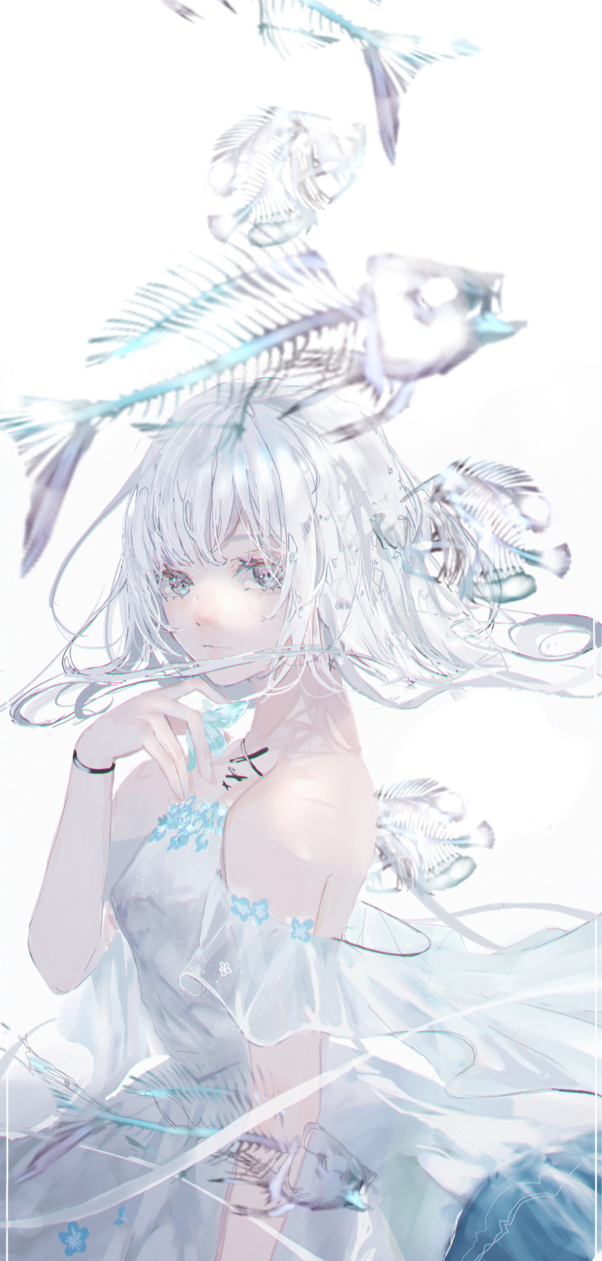 1girl, absurdres, bare_shoulders, black_bracelet, blue_flower, bracelet, closed_mouth, commentary_request, cowboy_shot, detached_sleeves, dot_nose, dress, eyelashes, fish_skeleton, floating_hair, flower, grey_eyes, hand_on_own_chin, highres, jewelry, light_frown, long_dress, long_hair, miz_(elle), original, short_sleeves, simple_background, single_detached_sleeve, solo, stitched_chest, strapless, strapless_dress, underwater, white_background, white_dress, white_hair, white_sleeves, wide_sleeves