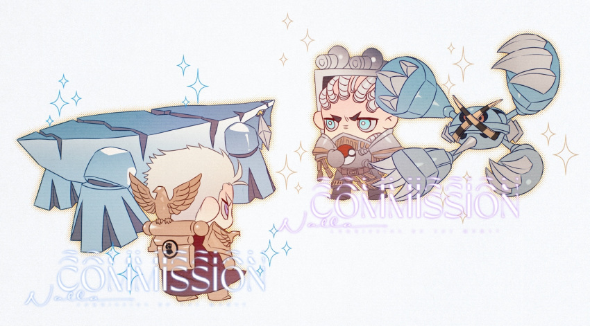 2boys, alternate_color, armor, avalugg, bald, black_sclera, blue_eyes, bright_pupils