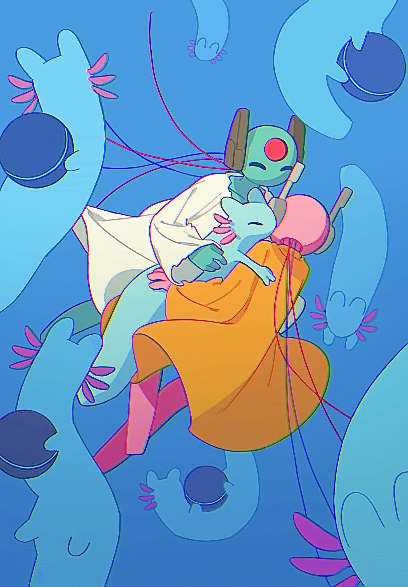 ^_^, barefoot, blue_background, blue_skin, cable, circle_facial_mark, closed_eyes, colored_skin, creature, facial_mark, film_grain, five_pebbles, highres, hug, iterator_(rain_world), looks_to_the_moon, mass_rarefaction_cell_(rain_world), no_humans, no_mouth, no_nose, pink_skin, rain_world, rivulet_(rain_world), robe, robot, robot_ears, slugcat, torn_clothes, white_robe, yellow_robe, yonyangrw