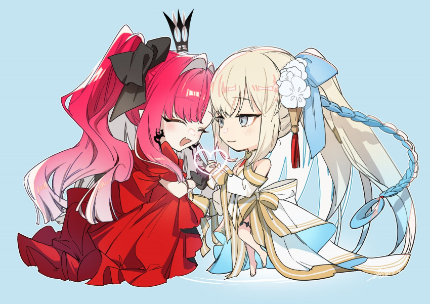2girls, baobhan_sith_(exhibition_attire)_(fate), baobhan_sith_(fate), bare_shoulders, blue_background, blue_eyes, blush, braid, chibi, closed_eyes, crown, detached_sleeves, dress, earrings, fate/grand_order, fate_(series), flower, full_body, hair_flower, hair_ornament, hair_ribbon, heart, highres, holding_hands, jewelry, morgan_le_fay_(fate), morgan_le_fay_(water_princess)_(fate), mother_and_daughter, multiple_girls, no-kan, open_mouth, pink_hair, pointy_ears, ponytail, red_dress, ribbon, sidelocks, smile