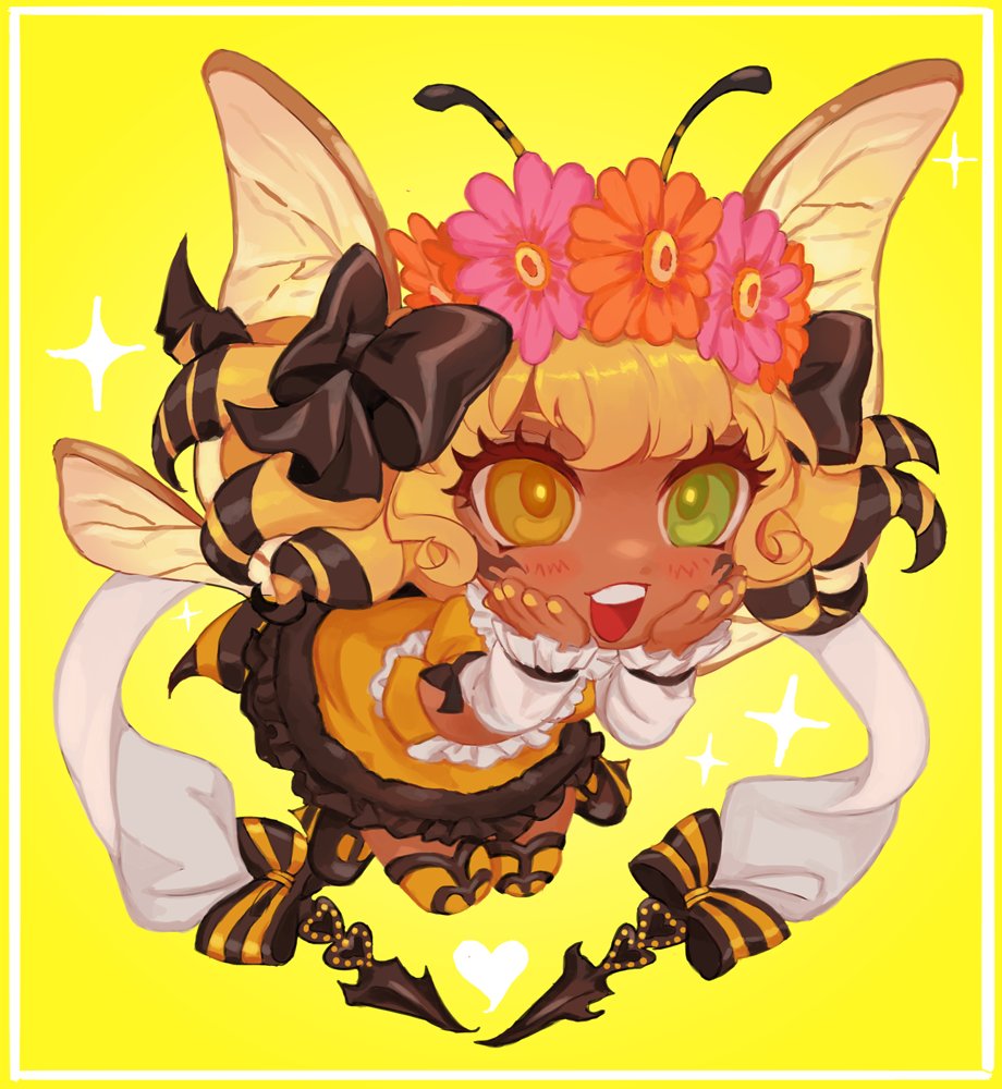 1girl, :d, antennae, arthropod_girl, arthropod_tail, bee_girl, black_bow, black_footwear