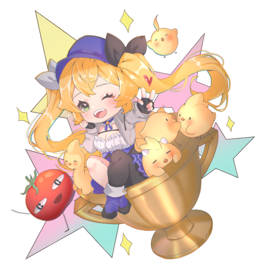 1girl, ;d, black_gloves, black_pantyhose, blonde_hair, blue_footwear, blue_hat, blue_skirt