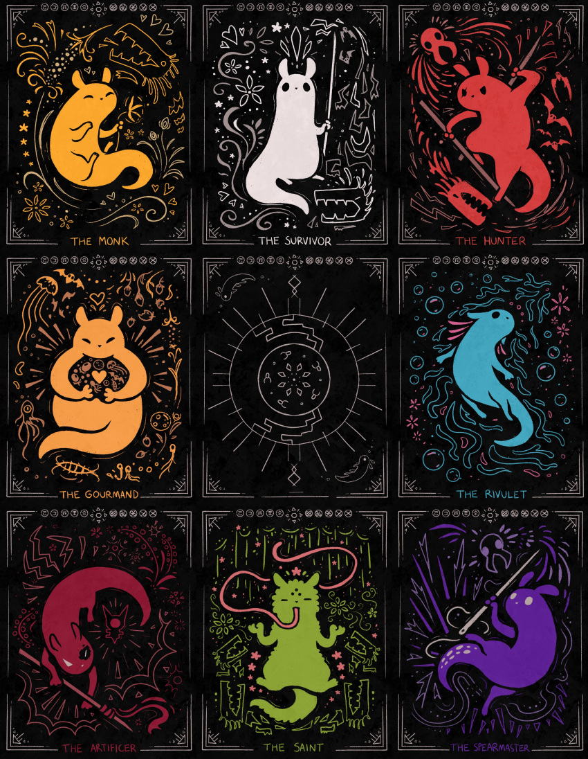 absurdres, alleesaur, artificer_(rain_world), bubble, card_(medium), creature, facial_mark, gourmand_(rain_world)