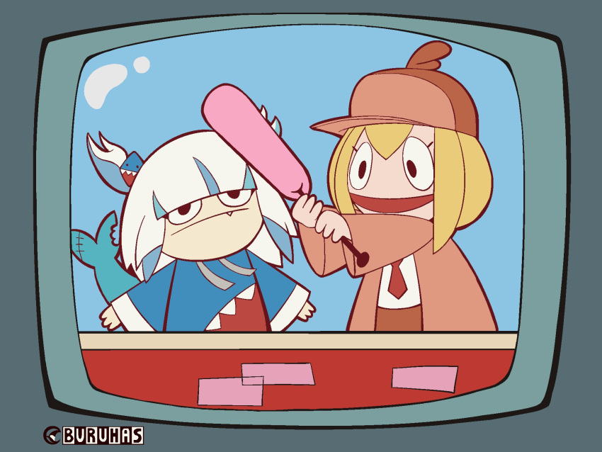2girls, :|, artist_name, blonde_hair, blue_background, blue_hair, blue_hoodie, bonk