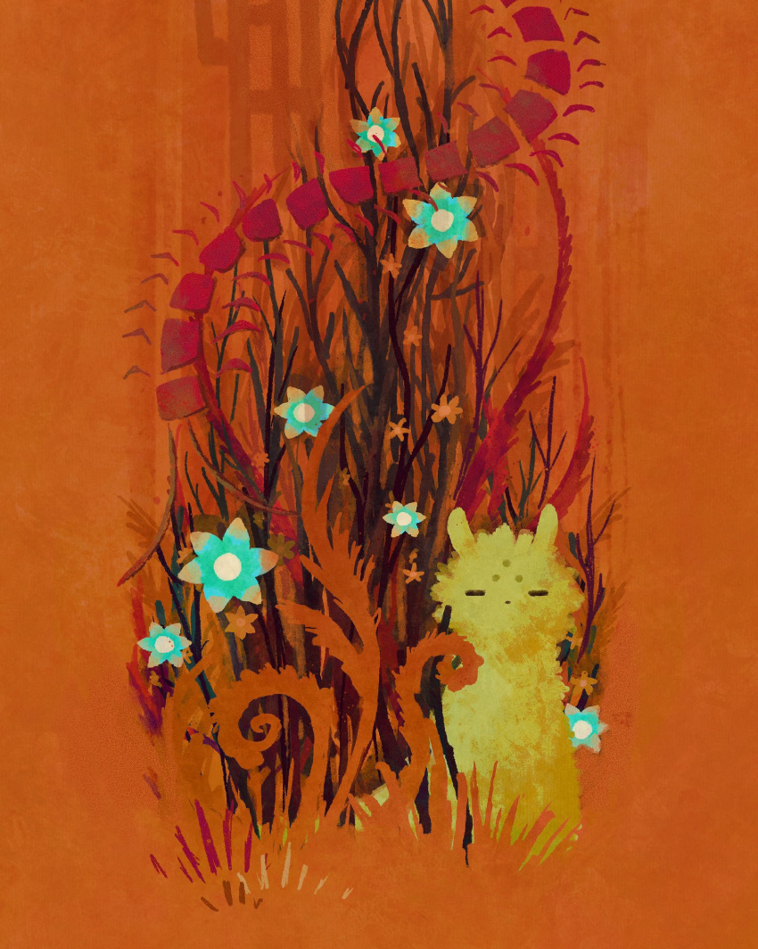 alleesaur, blue_flower, branch, closed_eyes, creature, facial_mark, flower, highres