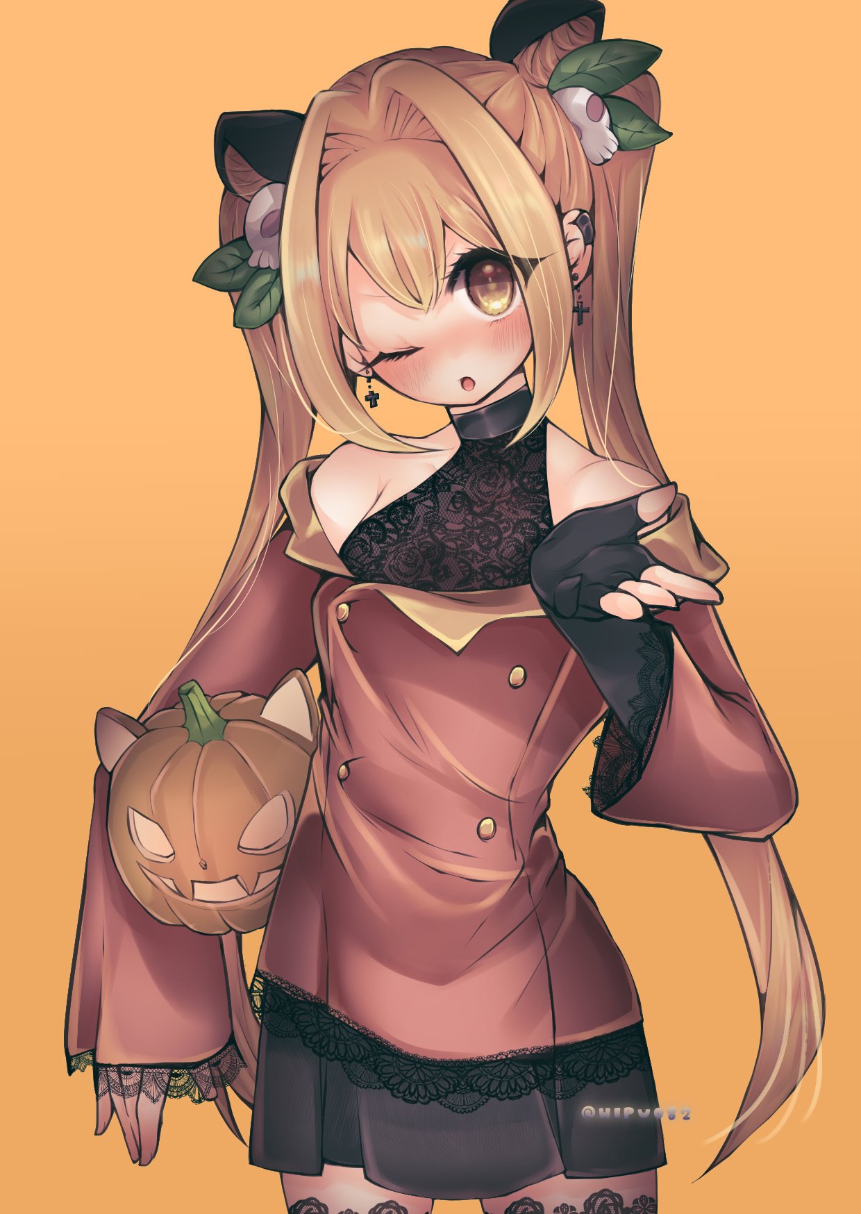 1girl, animal_ears, blonde_hair, blush, brown_jacket, cat_ears, cowboy_shot, cross, cross_earrings, earclip, earrings, floral_print, gloves, hair_intakes, hair_ornament, highres, hipu082, jack-o'-lantern, jacket, jewelry, kimi_no_koto_ga_dai_dai_dai_dai_daisuki_na_100-nin_no_kanojo, lace-trimmed_sleeves, lace_trim, long_hair, miniskirt, no_nose, one_eye_closed, single_glove, skirt, skull_hair_ornament, solo, strapless, twitter_username, very_long_hair, yellow_eyes