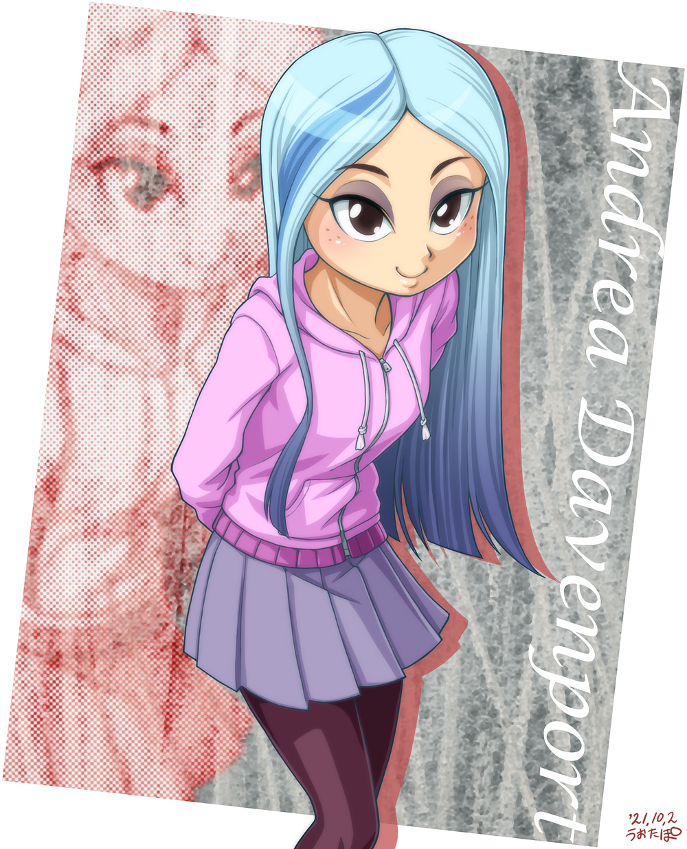 1girl, andrea_davenport, blue_hair, blush, brown_eyes, character_name, freckles, highres