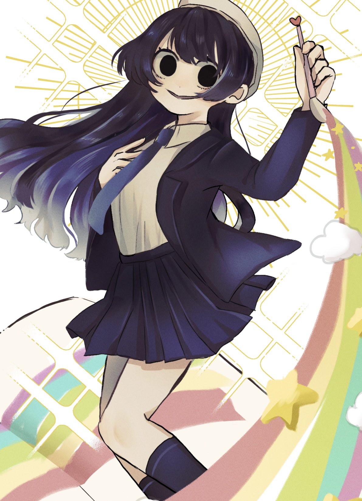 1girl, black_eyes, blazer, blue_hair, blue_jacket, blue_necktie, blue_skirt, blue_socks, empty_eyes, feet_out_of_frame, hand_on_own_chest, highres, holding, holding_paintbrush, jacket, kimi_no_koto_ga_dai_dai_dai_dai_daisuki_na_100-nin_no_kanojo, light_rays, long_hair, necktie, otani_(_6mmmmano), paintbrush, parted_lips, rainbow, school, shirt, skirt, socks, solo, star_(symbol), white_beret, white_shirt, zetsubouda_meru