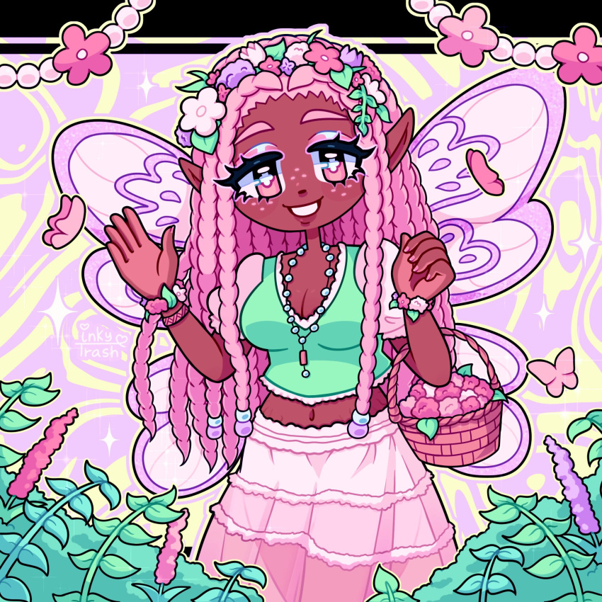 braid, bug, butterfly, character_request, colored_eyelashes, copyright_request, dark-skinned_female, dark_skin