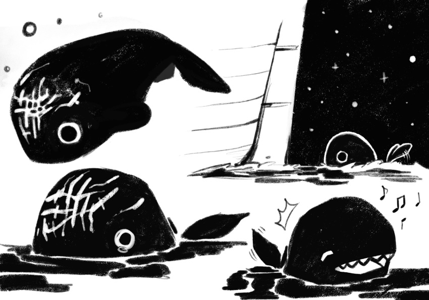 ^_^, animal_focus, bluechanas, closed_eyes, crying, english_commentary, greyscale, highres, laboon, monochrome, multiple_views, musical_note, night, night_sky, ocean, one_piece, scar, scar_on_face, scar_on_forehead, sharp_teeth, sky, teeth, whale
