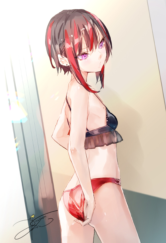 1girl, black_hair, breasts, heaven_burns_red, mikoto_fubuki, multicolored_hair, redhead, short_hair