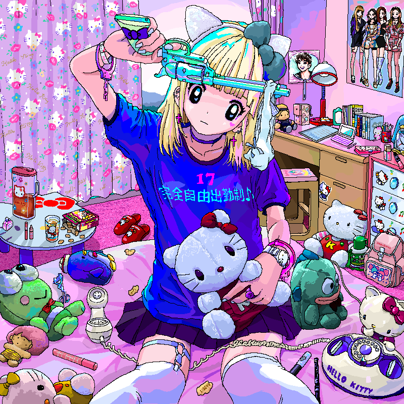 1girl, ace_akira, animal_ears, backpack, bag, bedroom, blonde_hair, character_doll, character_request, colorful, commentary_request, copyright_request, desk, fake_animal_ears, gun, hangyodon, heisei_retro, hello_kitty, hello_kitty_(character), holding, holding_gun, holding_weapon, jaggy_lines, kero_kero_keroppi, keropii, kiki_(little_twin_stars), lala_(little_twin_stars), little_twin_stars, messy_room, mimmy_(hello_kitty), object_request, oekaki, on_bed, original, otaku, otaku_room, phone, pochacco, poster_(object), sanrio, sitting, skirt, solo, stuffed_animal, stuffed_toy, translation_request, tuxedo_sam, weapon, zettai_ryouiki