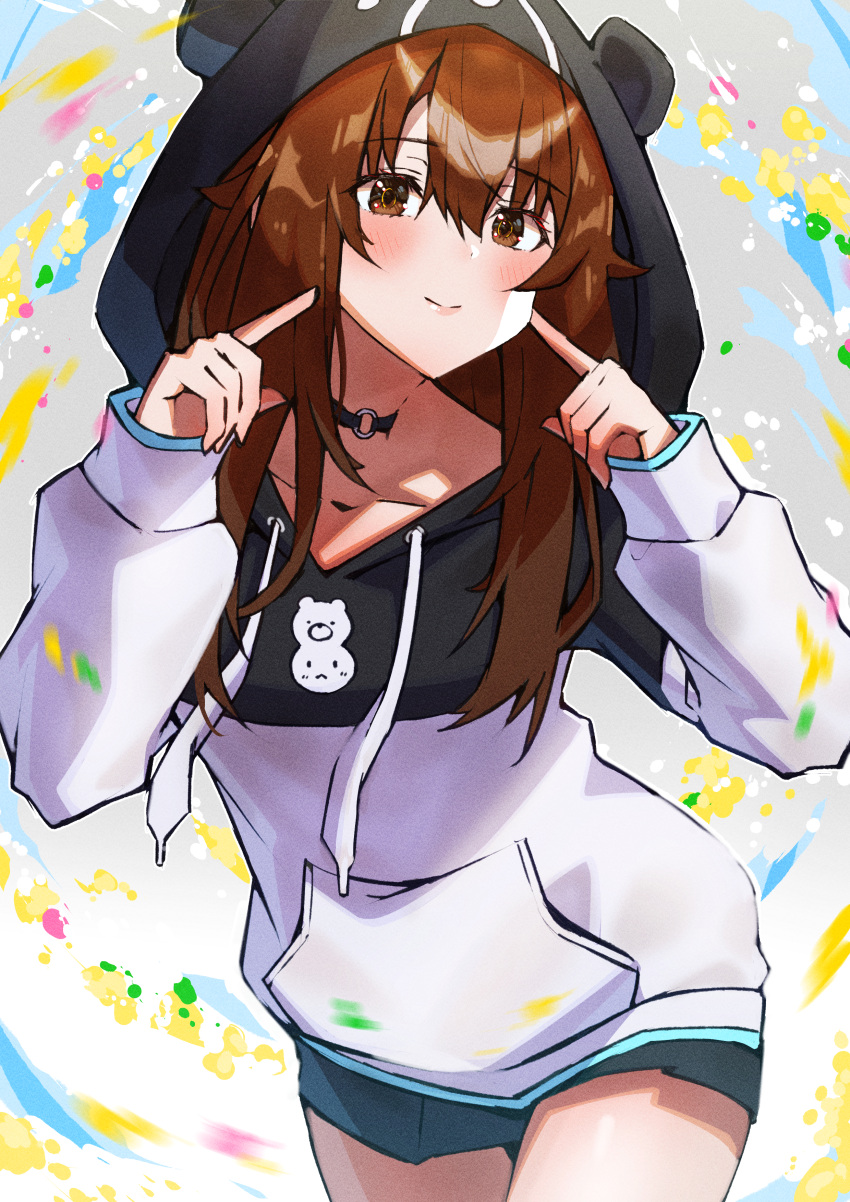 1girl, absurdres, animal_hood, baseball_cap, bear_hood, black_choker, black_hoodie, black_shorts