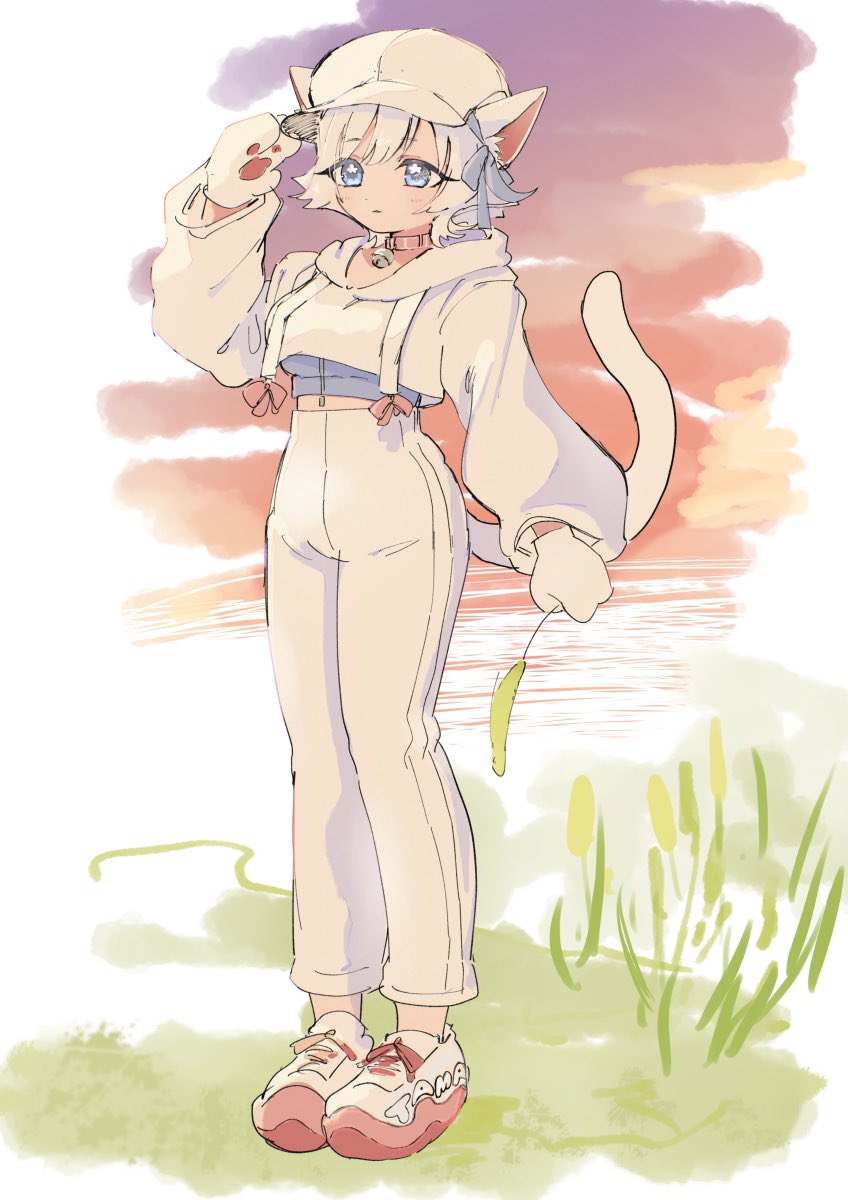 1girl, adjusting_clothes, adjusting_headwear, animal_hands, blue_eyes, cabbie_hat, cat_paws, cat_tail